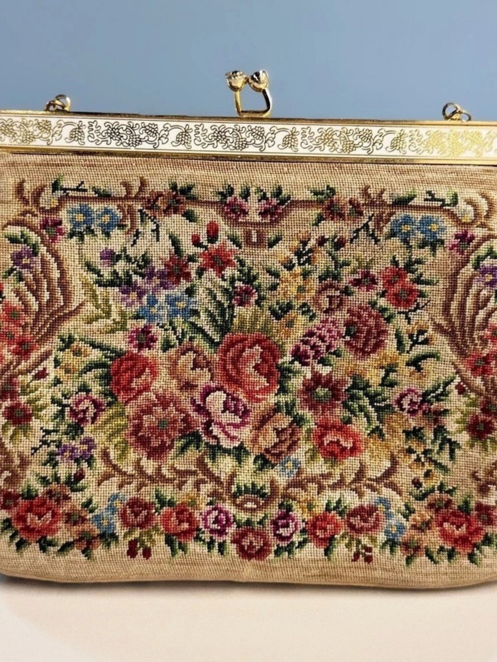 Vintage Floral Needlepoint Clutch in Beige